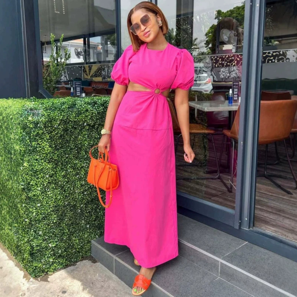 Lantern Sleeve Solid Color Sexy Casual Crop Top Long Dress African Style